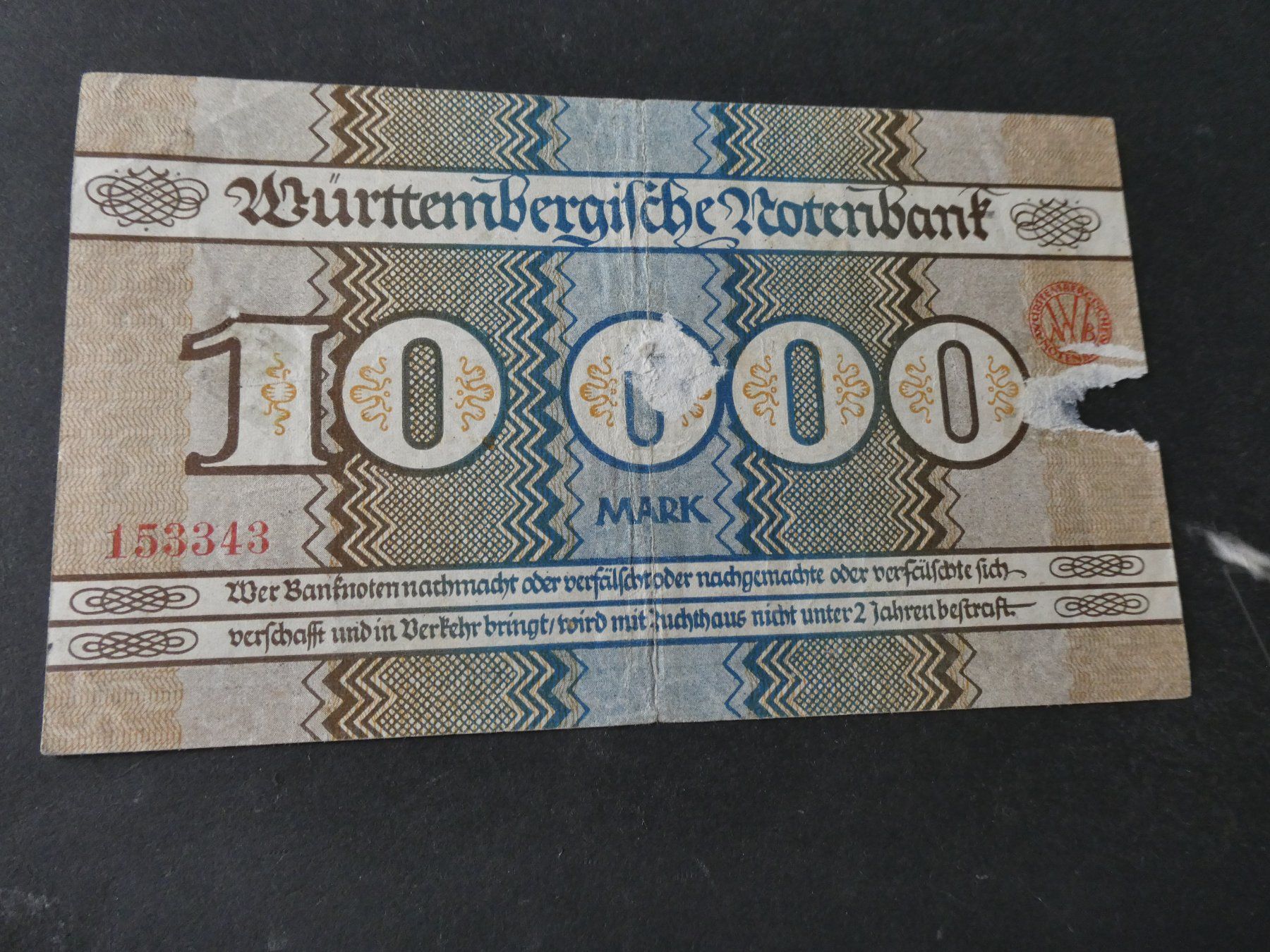 Banknoten: Württemberg 1923,  10 000  Mark – Gebraucht aus Hinterforst von Rohusri 1