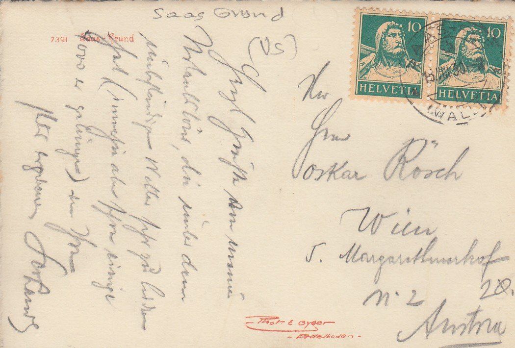 Cartoline postali: Saas Grund   VS       um 1930 – Usato da Brig venduto da Valcards54 1