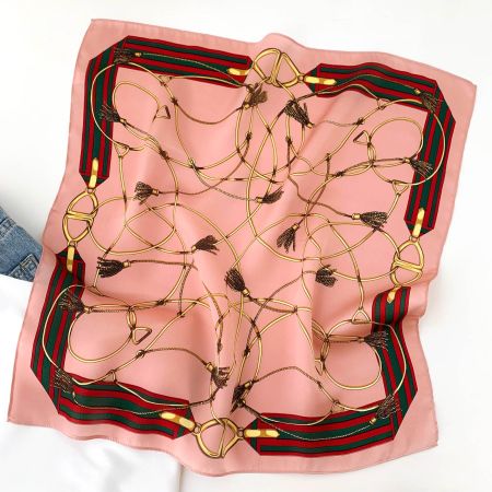 New 53cm Pink Silk Scarf with Gold Chains Virginia Blossoms