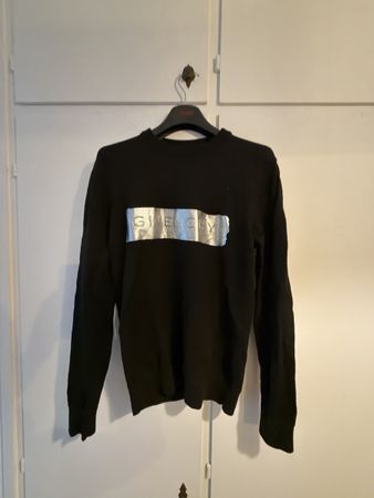 Maglione Givenchy in lana nera, logo argento, taglia M-ottim