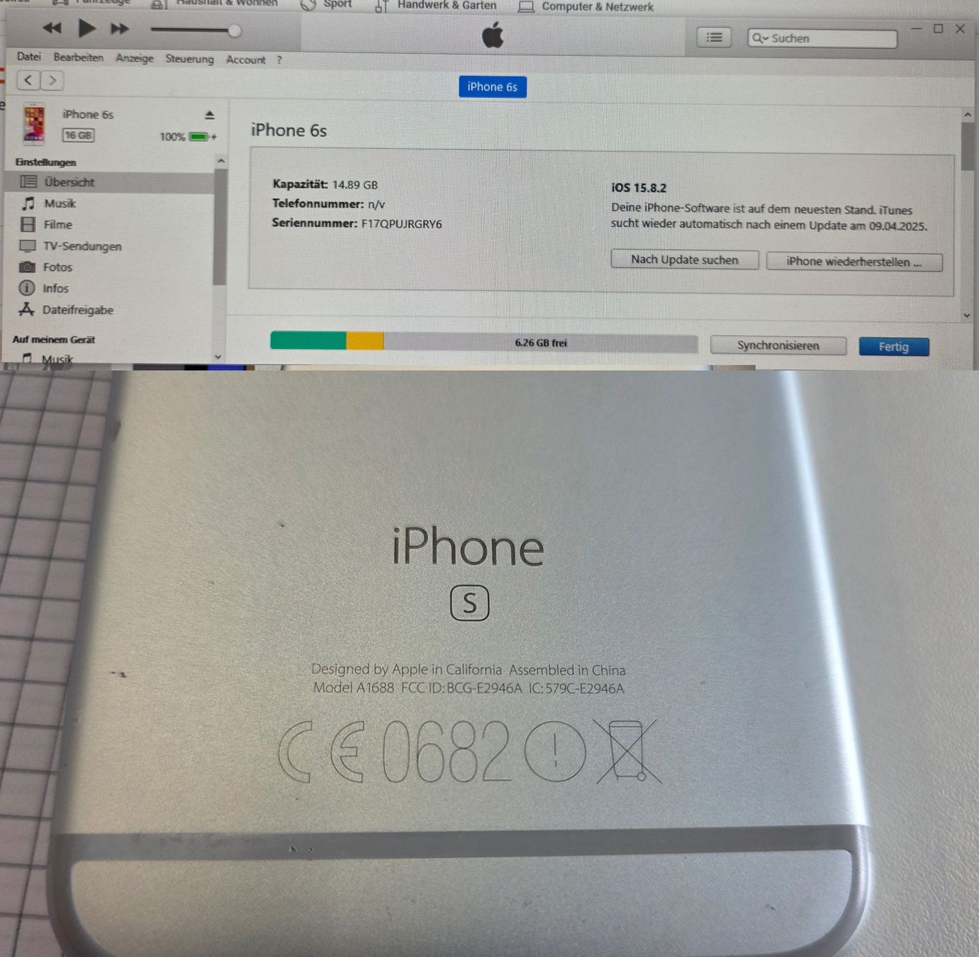 Apple Handys / Smartphones: Apple Iphone 6s / A1688 / 16 GB / iOS 15.8.2 / #170 – Gebraucht aus Adlikon b.Regensdf von ChriZ86 1