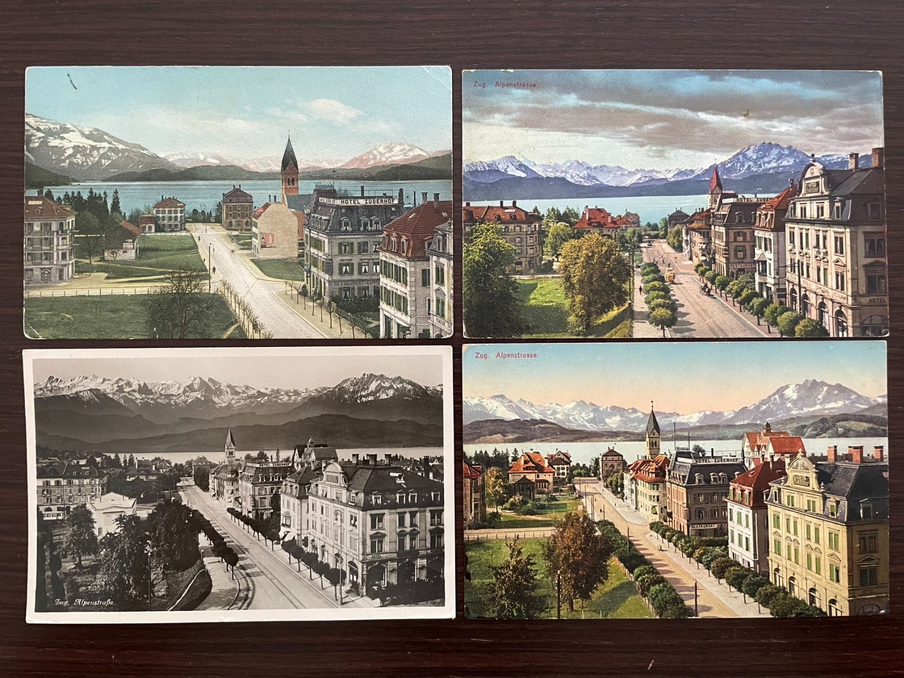 Cartoline postali: ZUG Alpenstrasse, Zugerhof, Schweizerhof, 4 Ansichtskarten – Usato da Wald ZH venduto da TLILEF