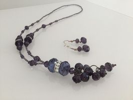 Collier + Boucles perles toupies améthyste & strass, NEUF