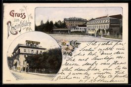 Lithographie Rheinfelden, Rheinpartie und Soolbad Schützen