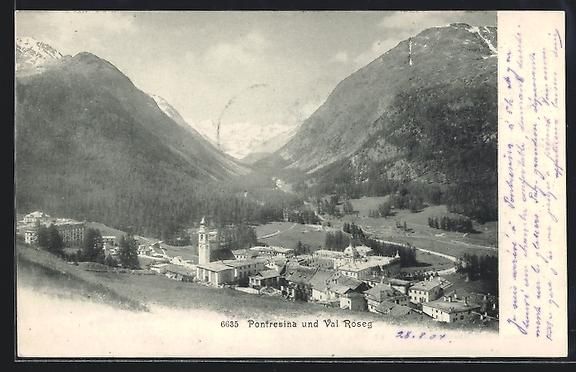 Cartoline postali: AK Pontresina, Ortsansicht mit Val Roseg – Usato da Berlin venduto da bartko-reher