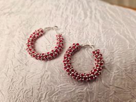 Elegante Creolen Ohrringe Rot /Silber Handmade nr1