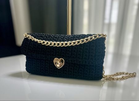 Elegant Crochet Black Bag with Golden Chain - Handmade!