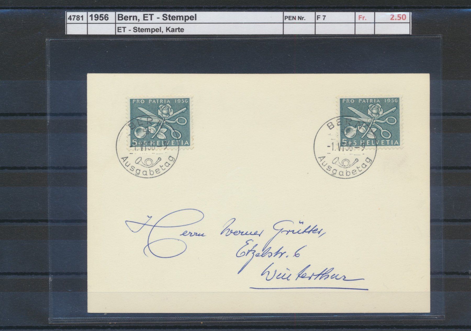 Tous les timbres: 1956 Bern, "ET - Stempel", Karte – D'occasion à Winterthur par Zupogeru