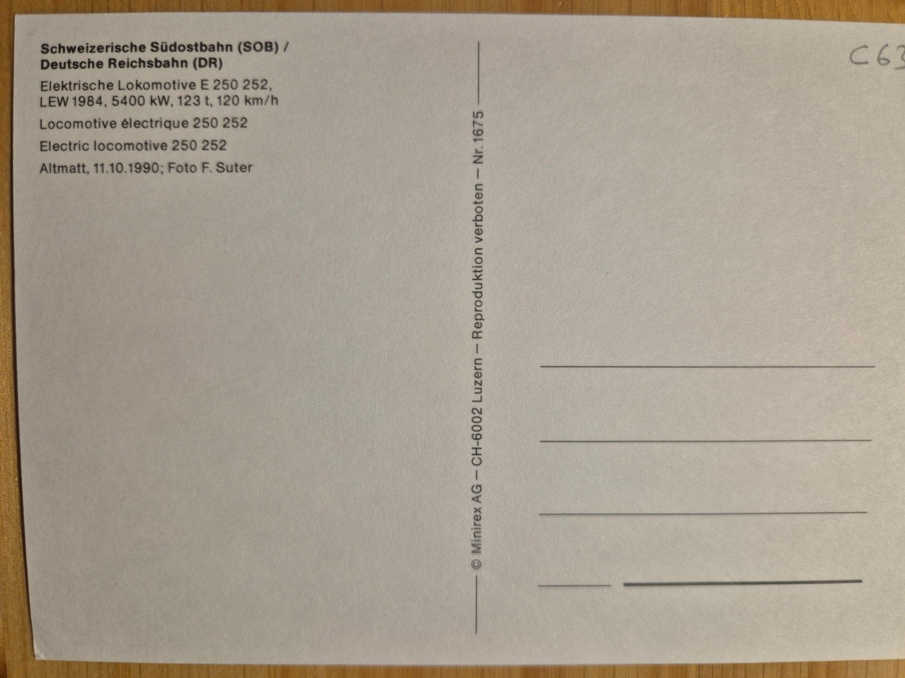 Cartoline postali: SOB - Südostbahn, ex-DR : E-Lok. E 250 252, Altmatt 1990 – Usato da St-Léonard venduto da thipif 1