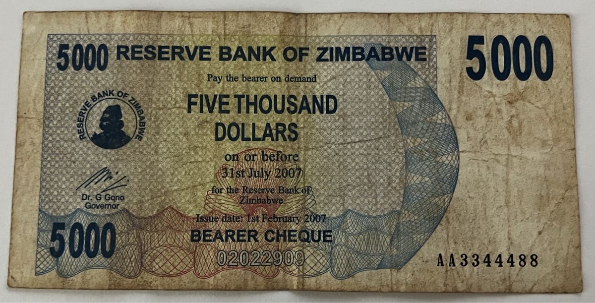 Billets de banque: Zimbabwe 5000 Dollars 2007 – D'occasion à Algetshausen par Carrhard