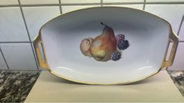 Antike Servierplatte mit Früchtemotiv und Goldrand