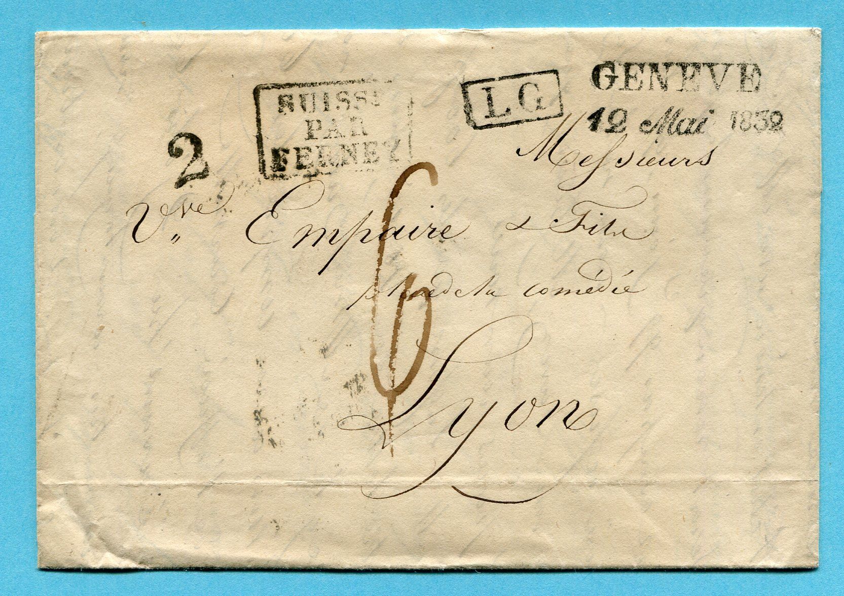 Tutti i francobolli: Faltbrief von Genève nach Lyon 1832 – Usato da Opfikon venduto da Prophila