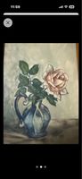 Aquarelle originale: Rose délicate dans vase bleu!