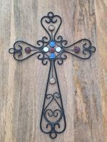Kreuz Wanddeko Metall Schmiedeeisen mit Steinen