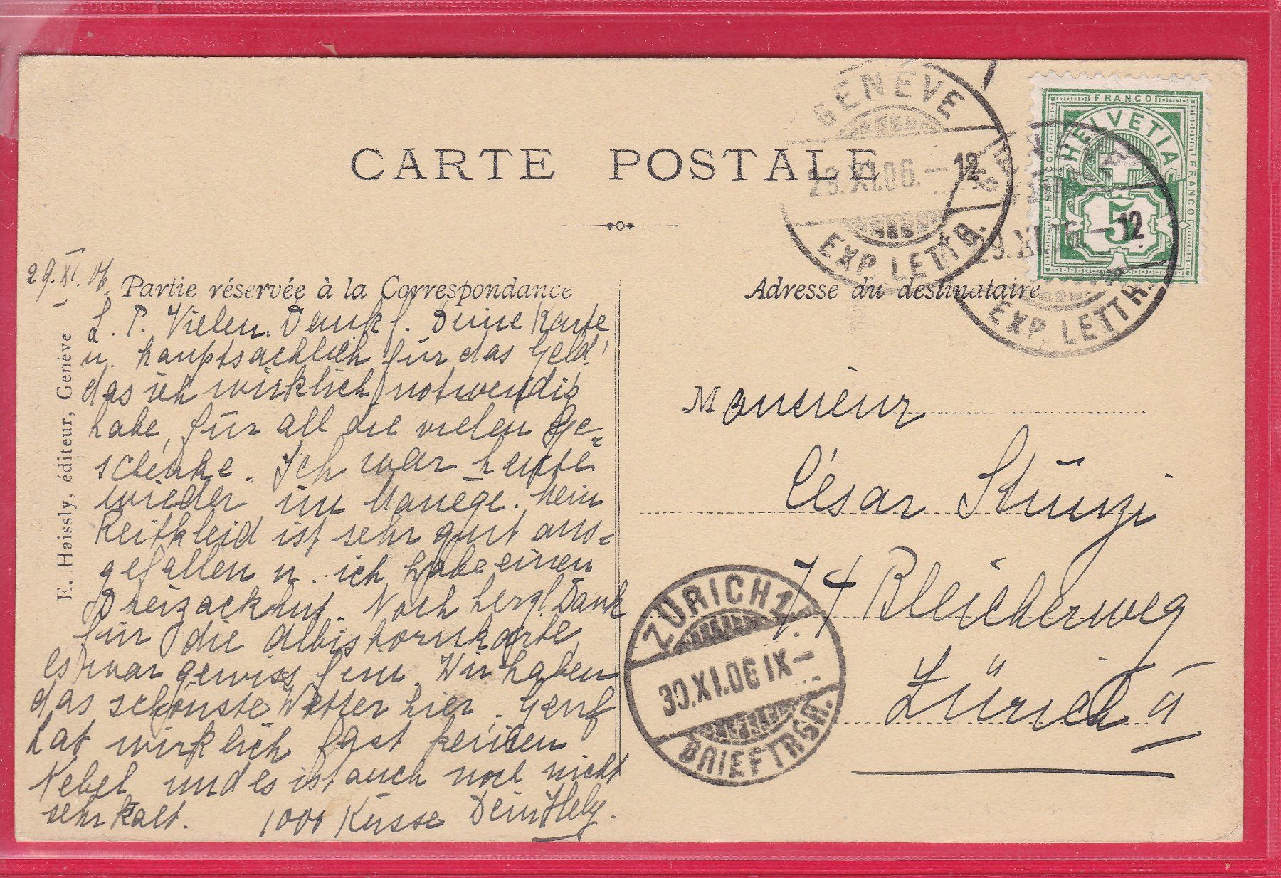Cartoline postali: GENÈVE - LE PORT, 29.11.1906 – Usato da Oberrieden venduto da Gebirgsstelze 1