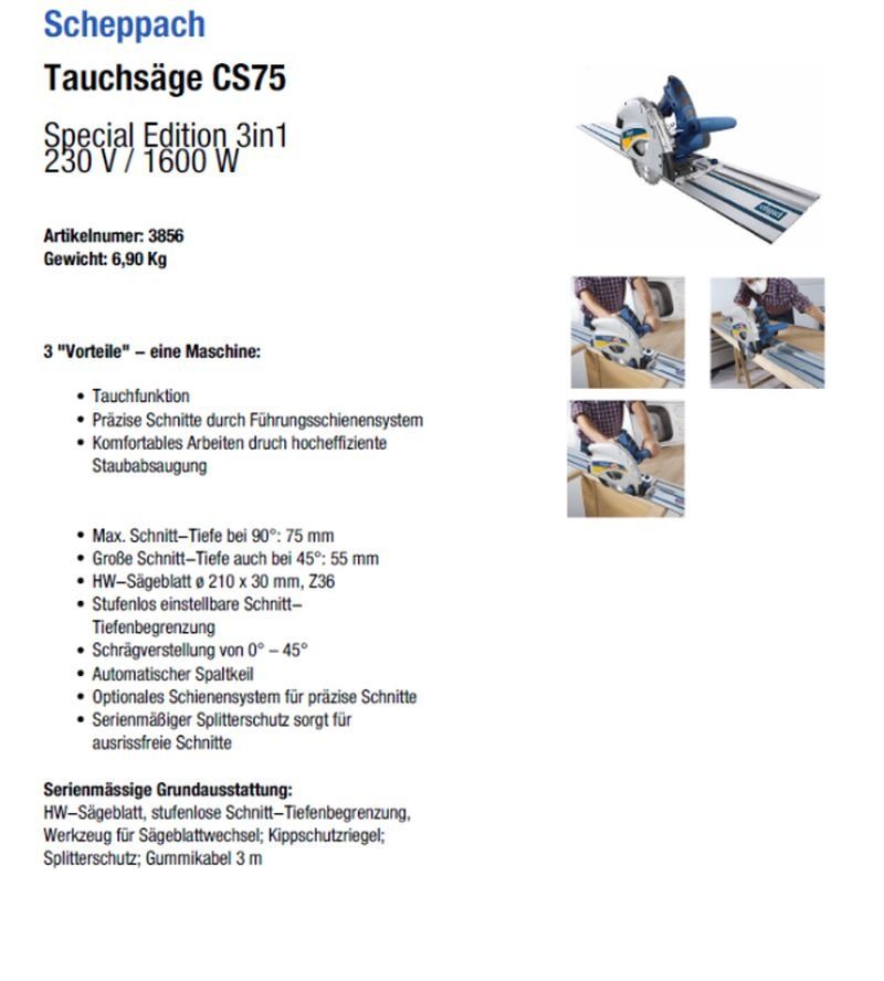 Scheppach Seghe: Tauchsäge PL75 - 3856 – Nuovo e nell'imballaggio originale da Opfikon venduto da opf_b7kx 4