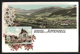 Litho Appenzell, Partie mit Kirche und B