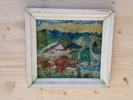 Hinterglasbild Bauernhof mit Kühen, Holzrahmen, klein