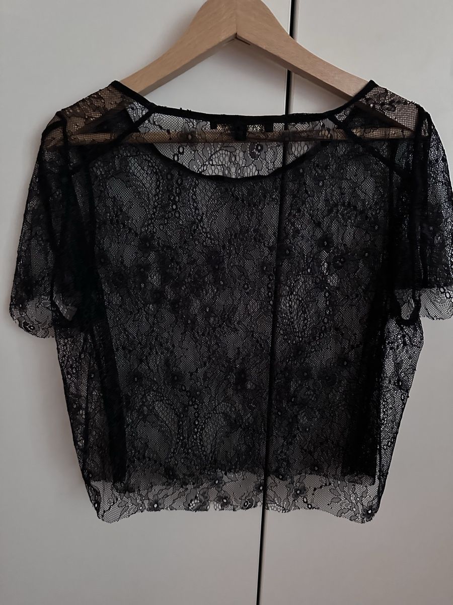 Top: Damen Spitzen Crop Top Schwarz Kurzarm – Nuovo (secondo la descrizione) da Binningen venduto da can_s2yh 1