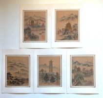 Alte Seidenmalerei 5er Set berühmte Pagoden, China