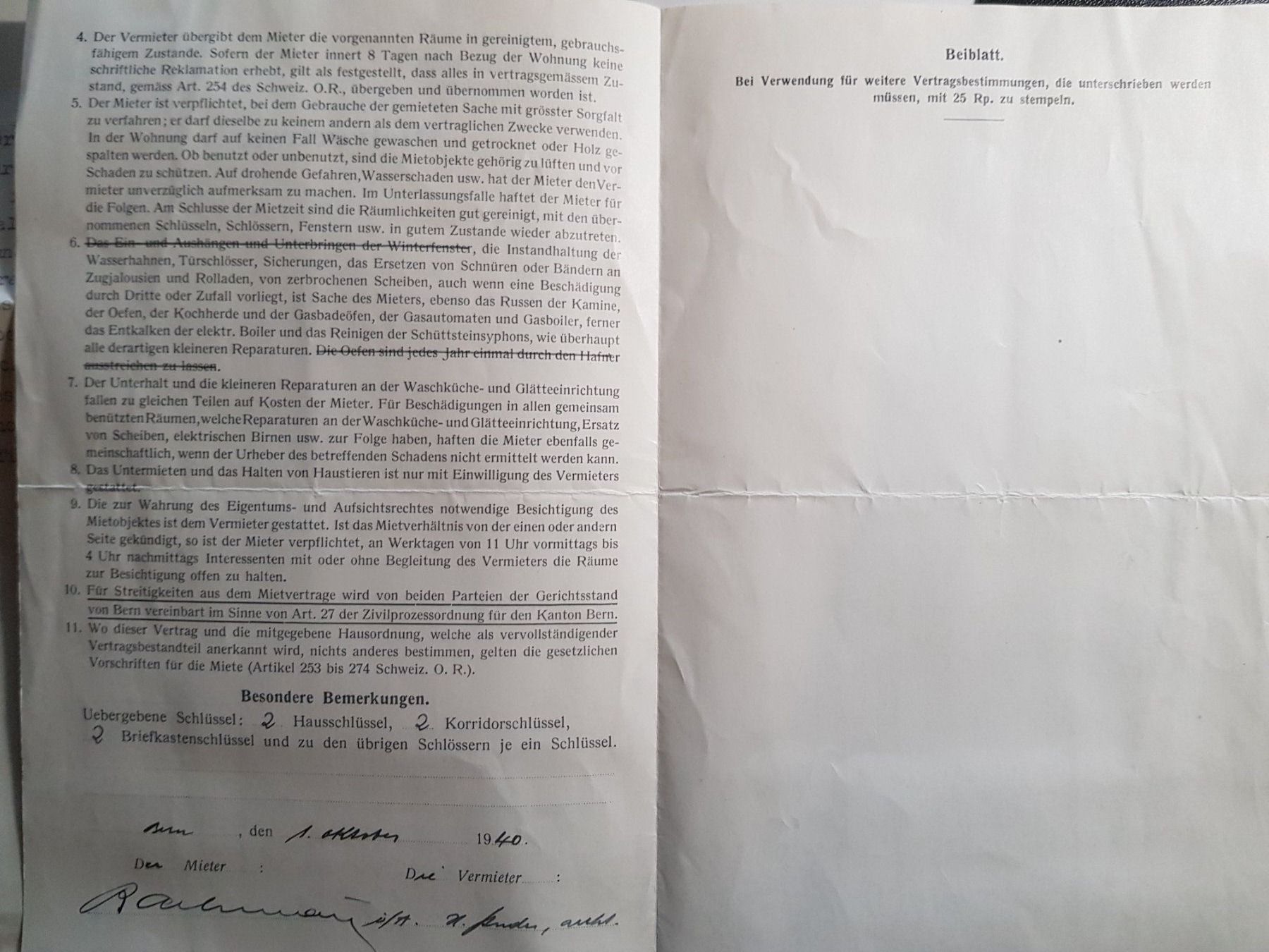 Documenti: antiker Miet Vertrag 1940 HEV Bern mit Marke – Usato da Walterswil BE venduto da Lonitti 3