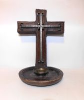 Antik HOLZKREUZ mit Messing KERZENHALTER 1930 / 50er