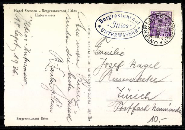 Ansichtskarten: Unterwasser, Hotel Sternen, Bergrestaura – Gebraucht aus Berlin von bartko-reher 1