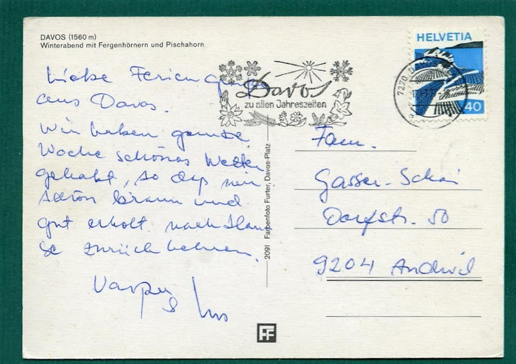 Cartes postales: Davos, Winterabend, 1977, gelaufen, Grossformat – D'occasion à Sargans par Hausi1951 1