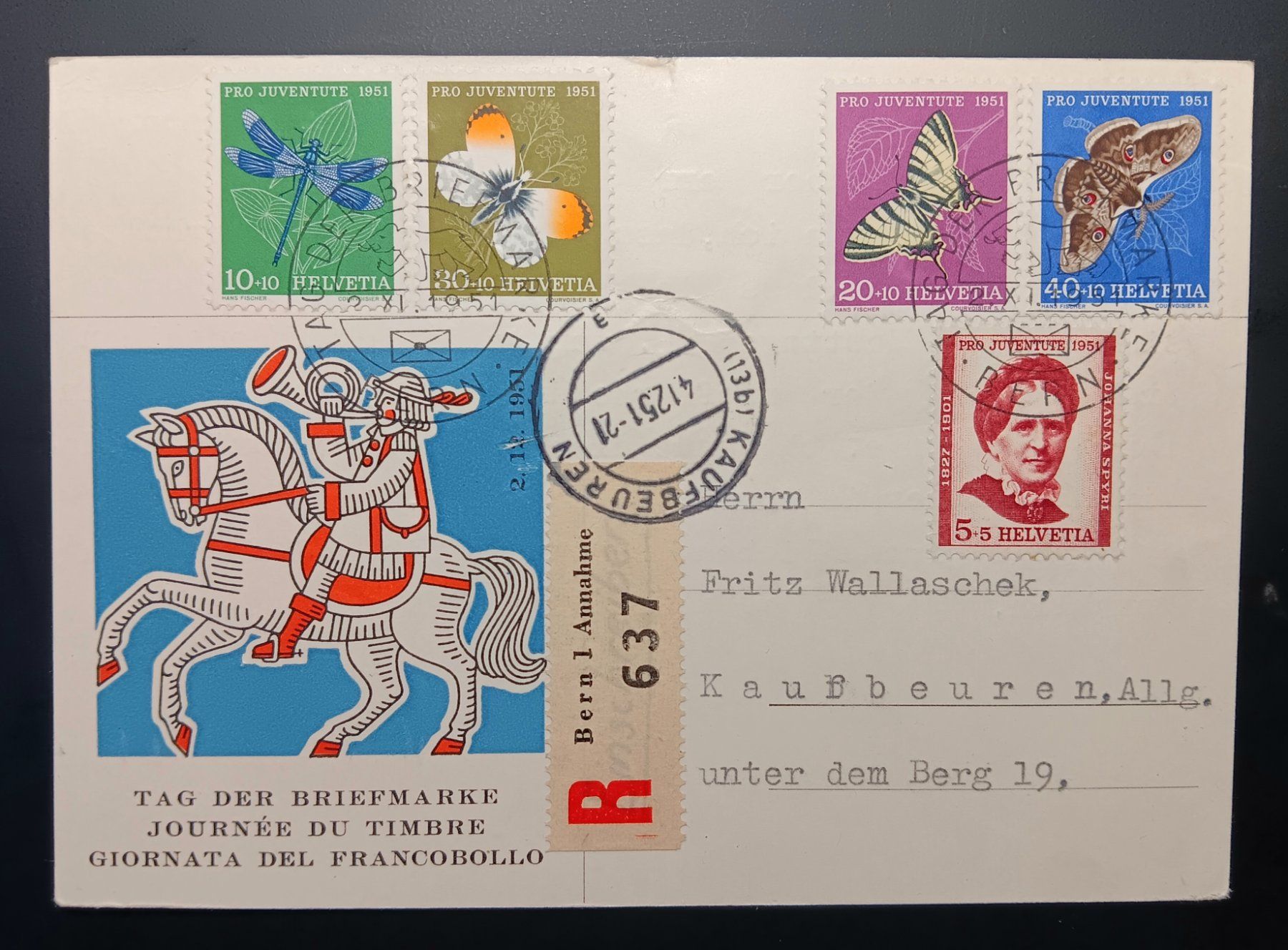 Tutti i francobolli: TAG DER BRIEFMARKE 1951 EINGESCHRIEBEN – Usato da Holderbank AG venduto da DINOS-PHILA