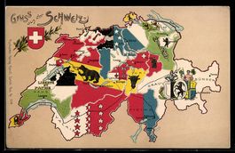 Künstler-AK Schweiz, Landkarte mit Kantone und Städte