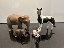 4 Schleich Figuren (Pferd, Elefant, Nilpferd, Hase)