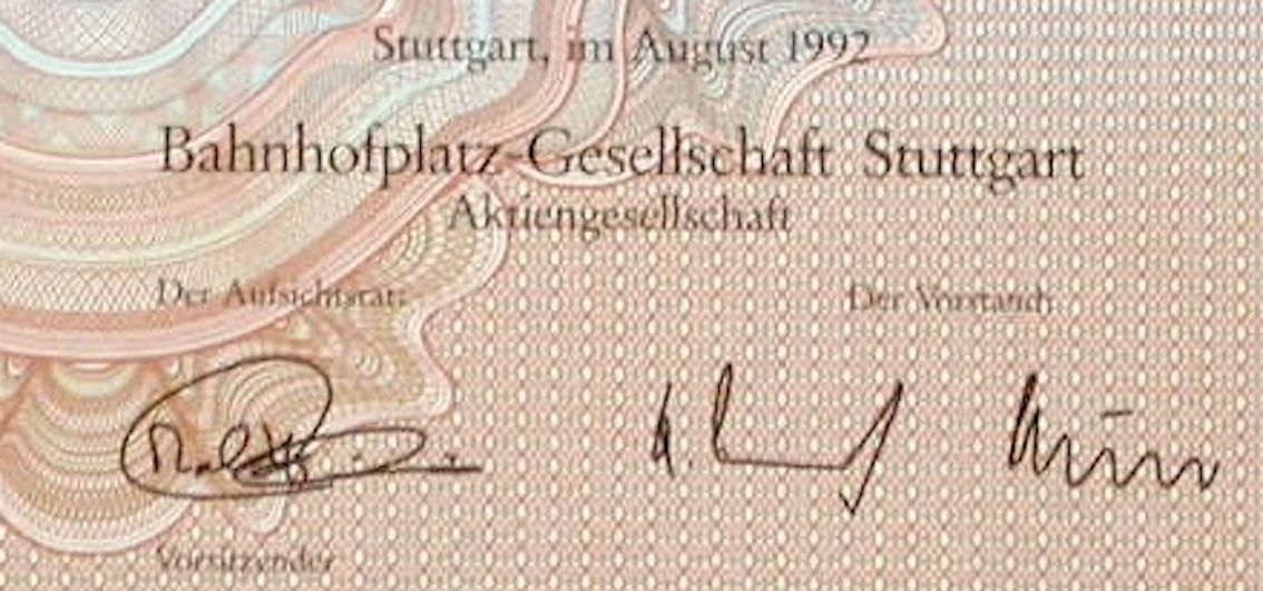Documenti: Bahnhofplatz-Gesellschaft Stuttgart, Stuttgart - 1992 – Usato da Solothurn venduto da Sgasche 1