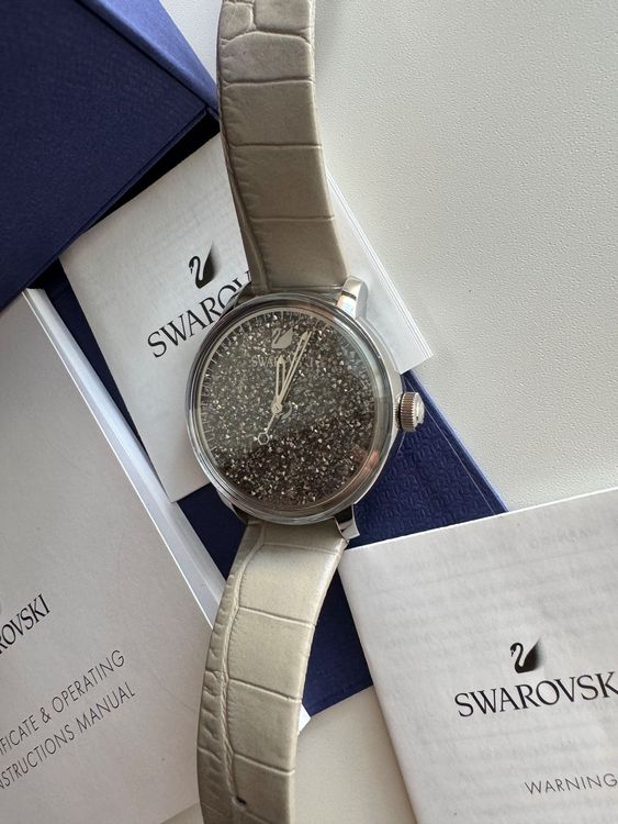 Swarovski Crystalline Hours Quartz Grey Dial Black Leather Strap Watch for Women - 5344635