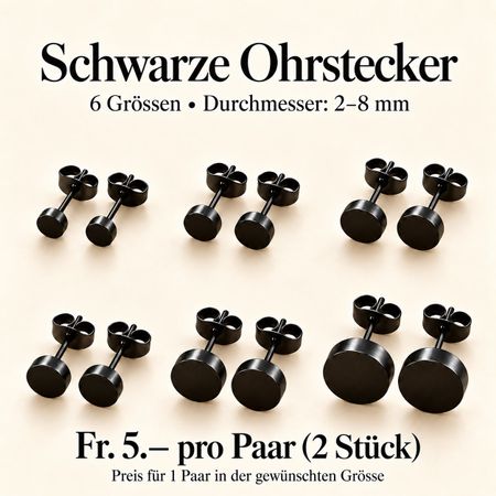 Schwarze Ohrstecker – 1 Paar – 6 Grössen zur Auswahl