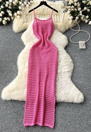 Neu Strickkleid lang Pink Netzoptik Grösse S 
