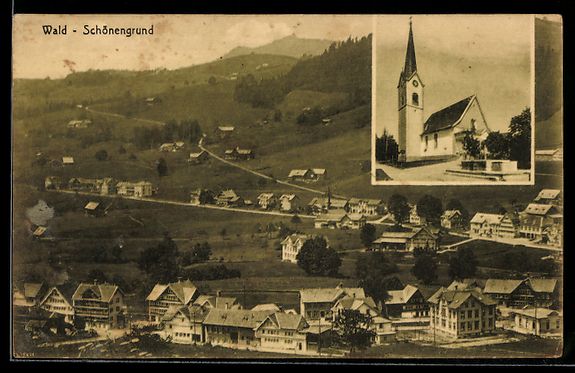 Cartoline postali: Wald-Schönengrund, Kirche und Ortsansic – Usato da Berlin venduto da bartko-reher