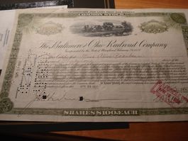 Alte Eisenbahnaktie USA 1933, viele Stempelmarken, Zertifika
