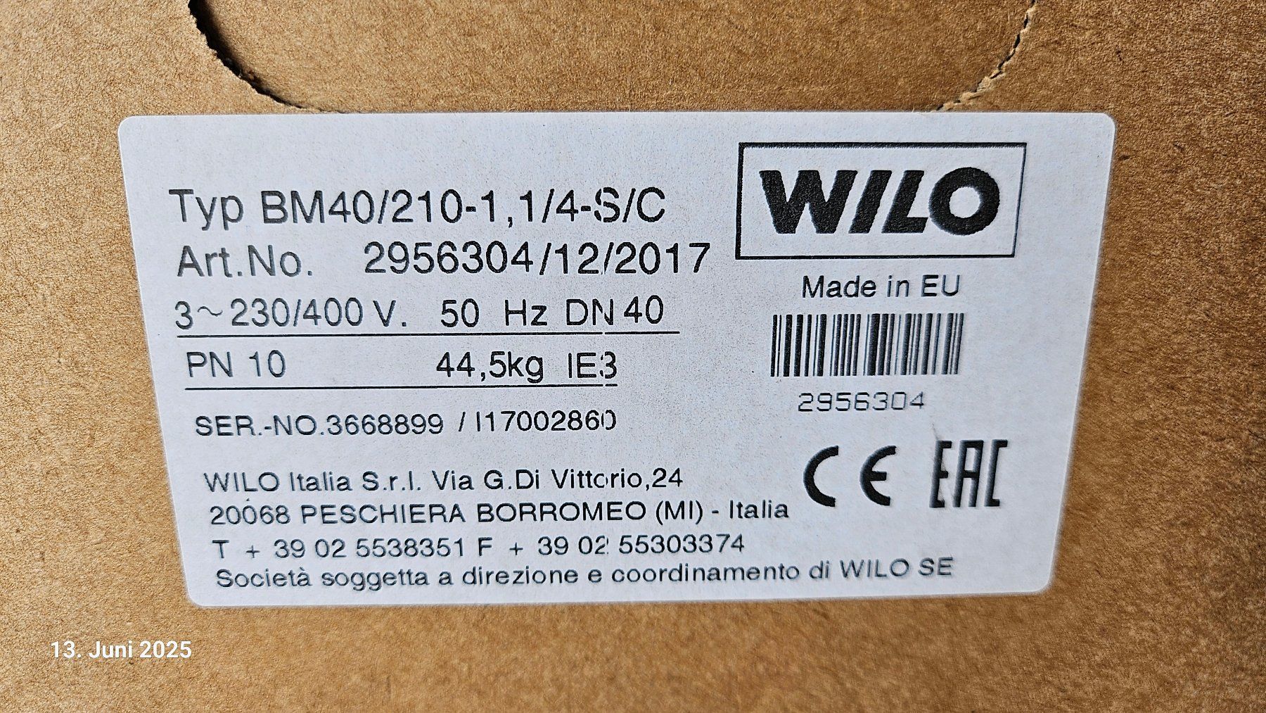 Wilo Riscaldamento: WILO Blockpumpe Typ BM40/210-1, 1/4-S/C – Nuovo e nell'imballaggio originale da Breitenbach venduto da Cycron_GmbH 1