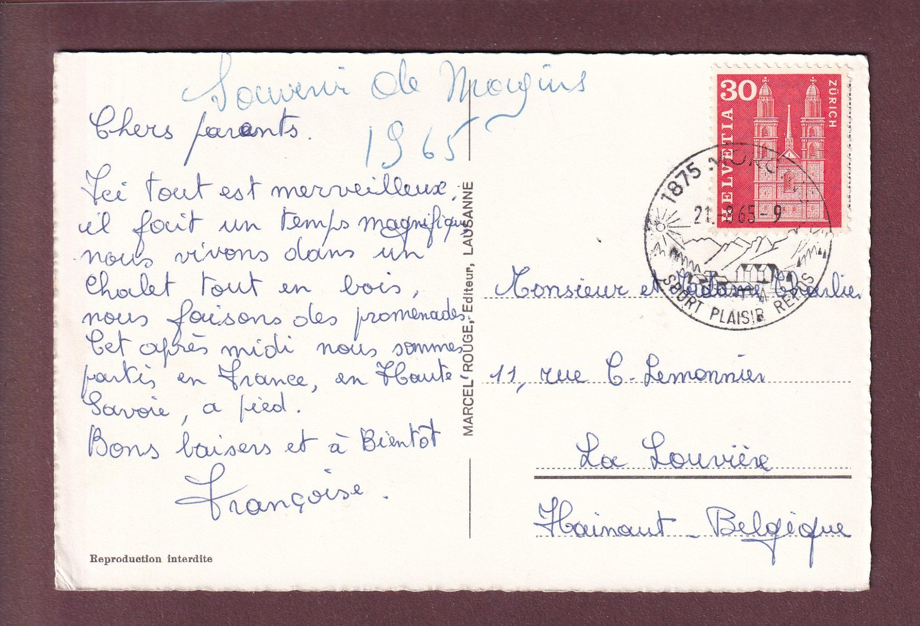 Cartoline postali: Une partie de MORGINS - 1965 – Usato da Pully venduto da nicecards 1
