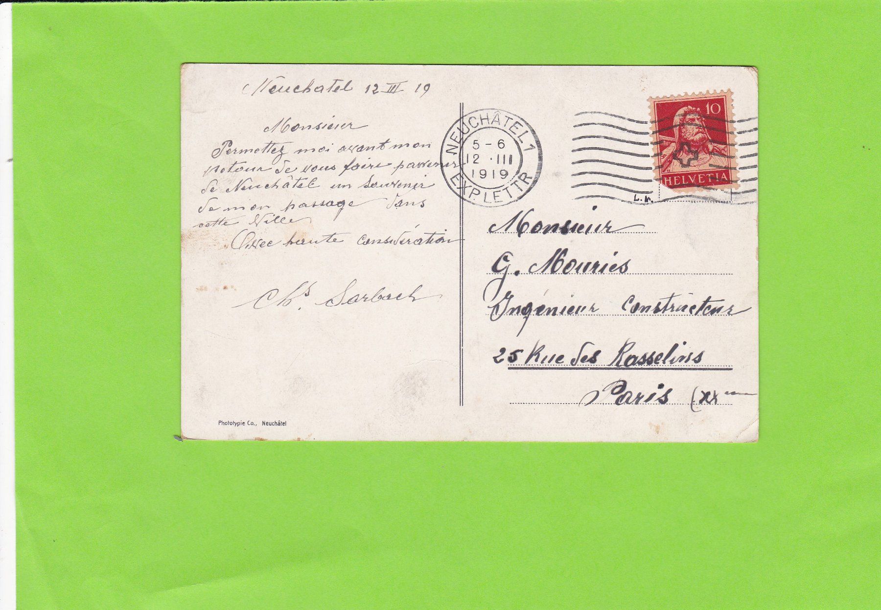 Ansichtskarten: Neuchâtel--1919 – Gebraucht aus St. Peterzell von neckertal 1
