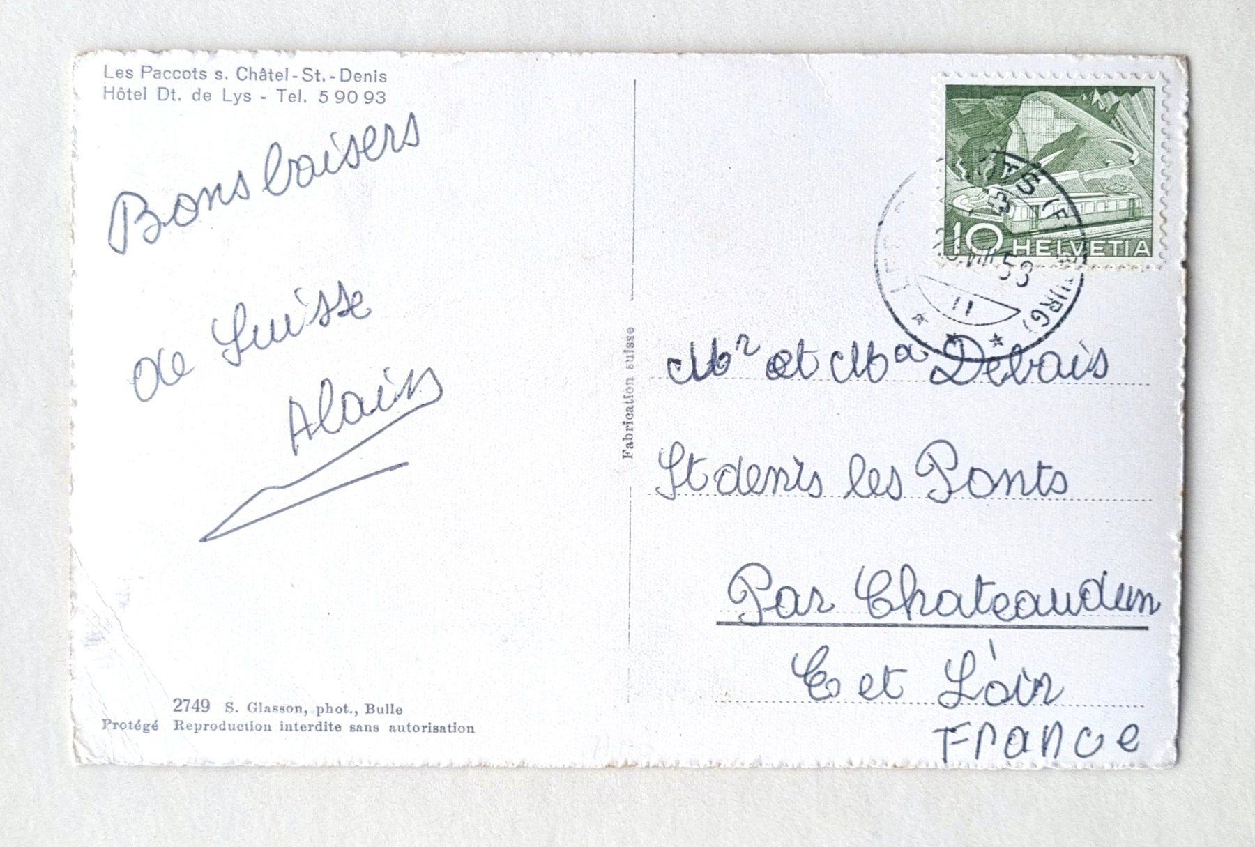 Cartoline postali: Les Paccots - Chatel St. Denis - Hotel Dt. de Lys - Postauto – Usato da Rothrist venduto da RROENK 1