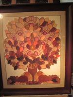 Tableau textile brodé arbre et oiseaux signé MG encadré