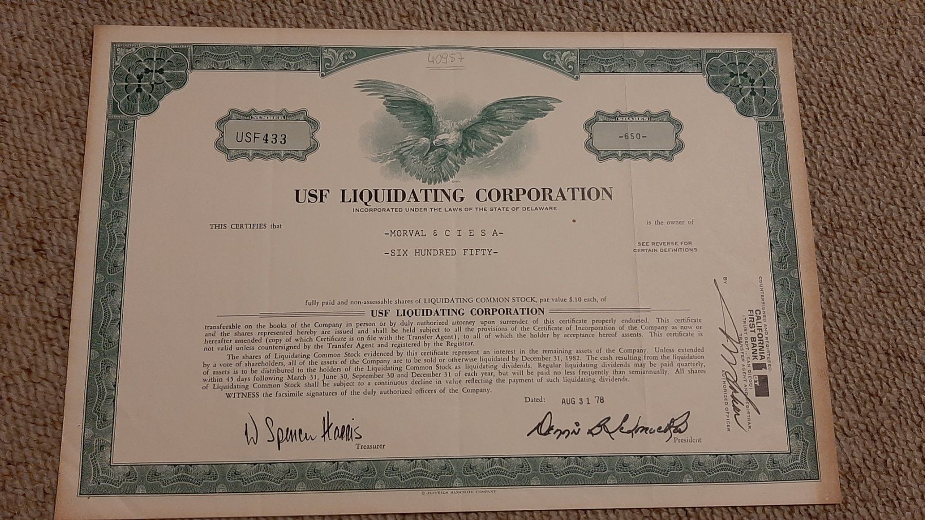 Documenti: Aktie USF  Liquidating Corporation, Delaware, 1978 – Usato da Porza venduto da ulletta1