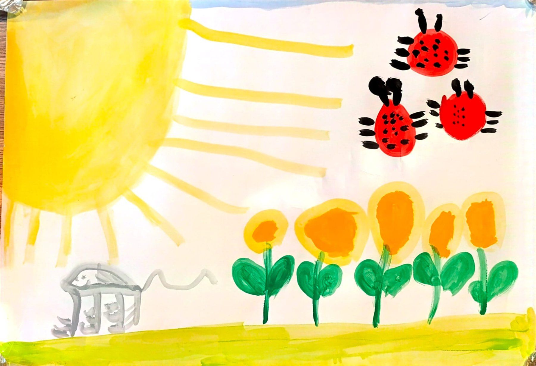 Foto & Immagini: Kinderbild Sonne Blumen Marienkäfer Zeichnung A3 Format – Usato da Rütihof venduto da Fischli22