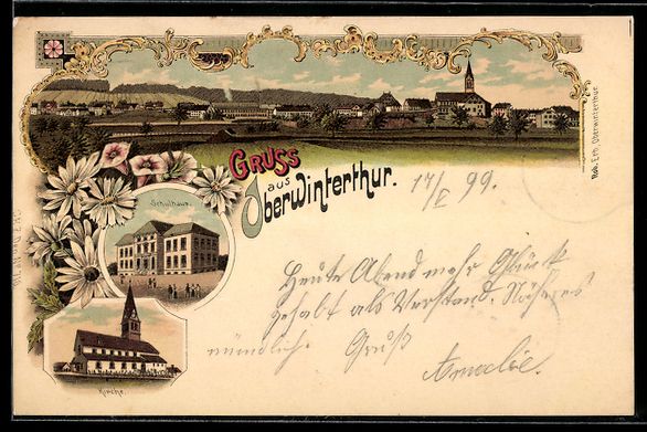 Cartoline postali: Litho Oberwinterthur, Panorama, Schulhau – Usato da Berlin venduto da bartko-reher