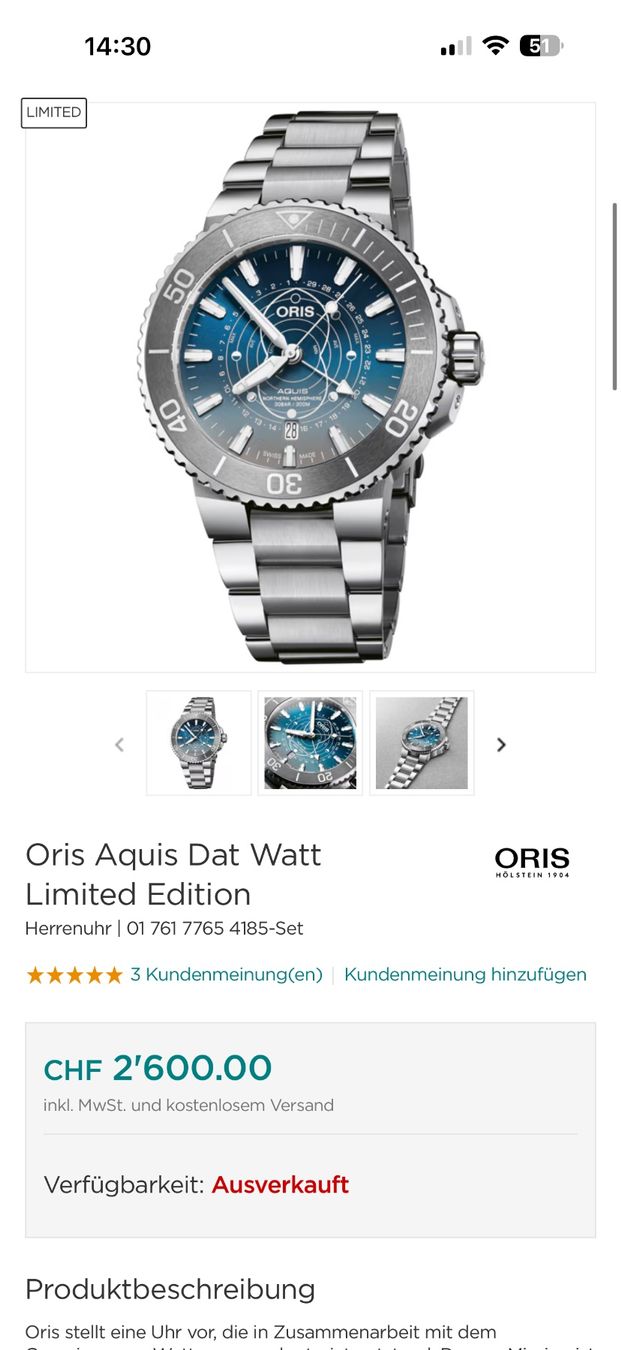 Oris Orologi: ORIS AQUIST  DAT WATT LIMITED EDITION DATE NORTHERN HEMISPHE – Nuovo (secondo la descrizione) da Neftenbach venduto da Taschen-Uhren