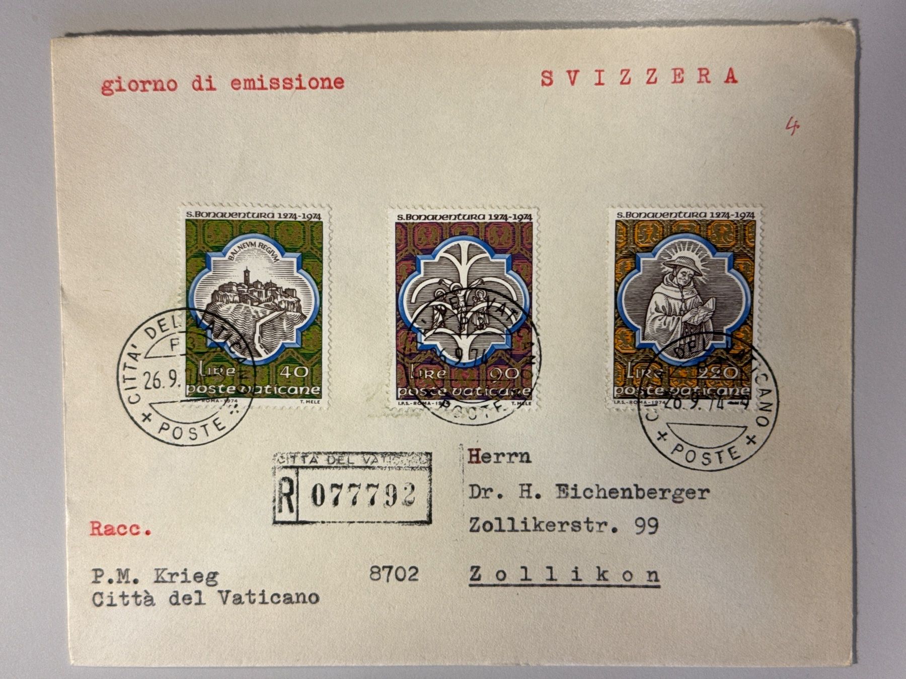 Tutti i francobolli: 1974 Brief Vatikan – Usato da Küssnacht am Rigi venduto da SUOMIMASTER
