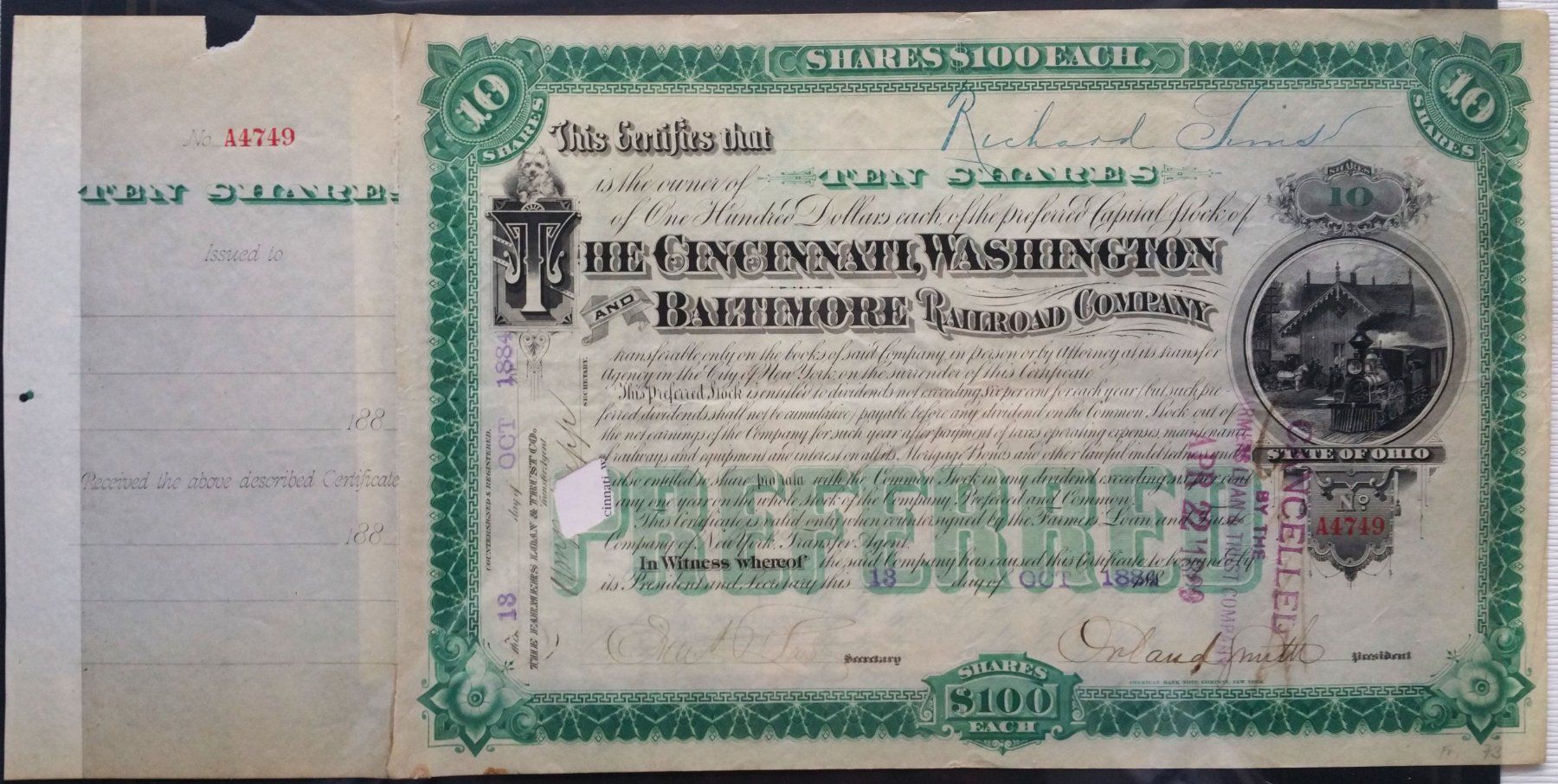 Dokumente: Aktie: Cincinnati, Washington & Baltimore Railroad Co. 1884 – Gebraucht aus Oberriet SG von ganesh435 4