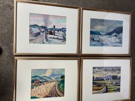 4  alte Aquarelle Landschaften mit Goldrahmen und Signaturen