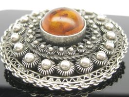 grosse Antik Brosche floral Silber 835 Bernstein